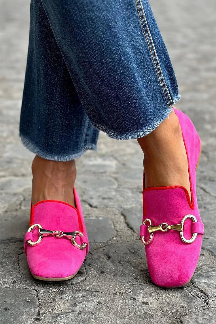 Women's Bright Suede Loafers – Metal Detail Slip-On Flats in Pink and Green