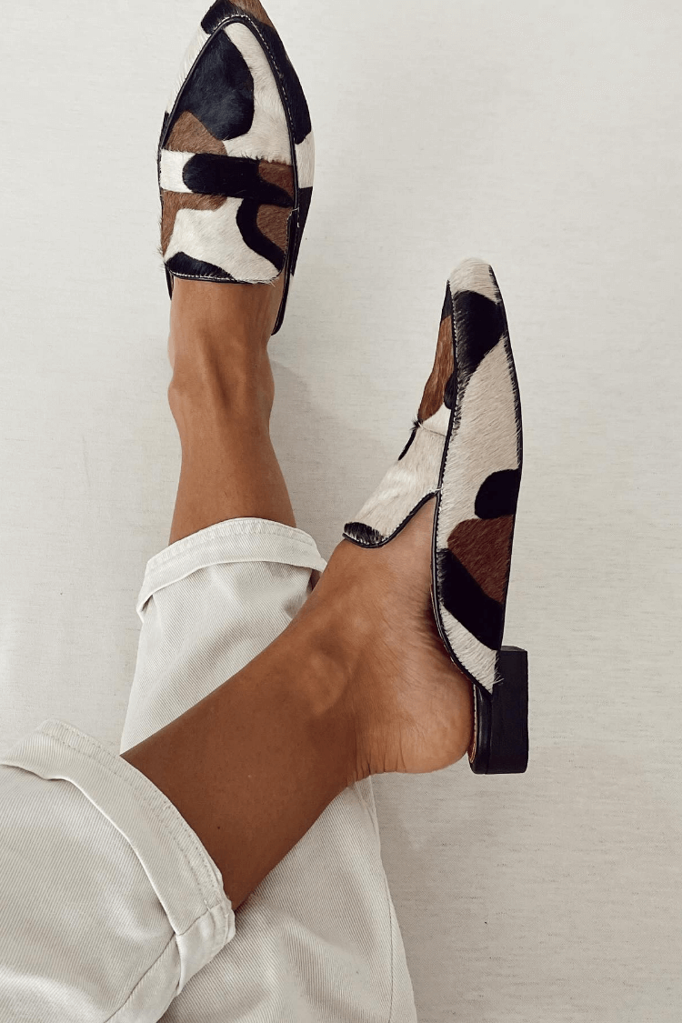 Women's Abstract Animal Print Loafers – Faux Pony Hair Slip-On Flats