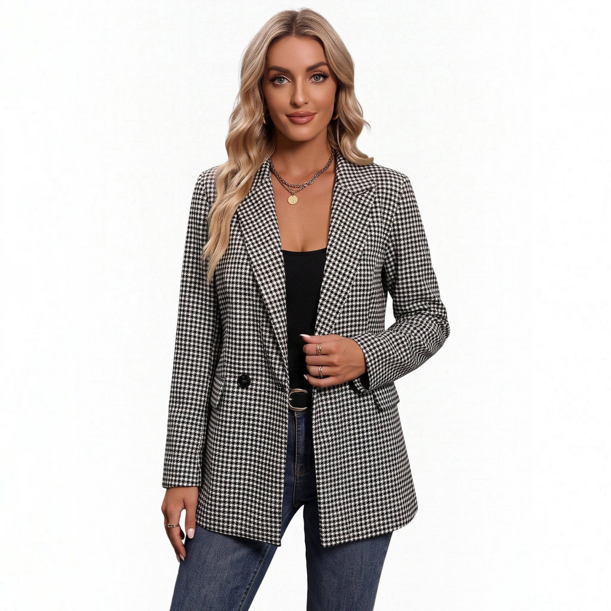 Women's Plaid Blazer – Houndstooth Business Casual Jacket for Fall