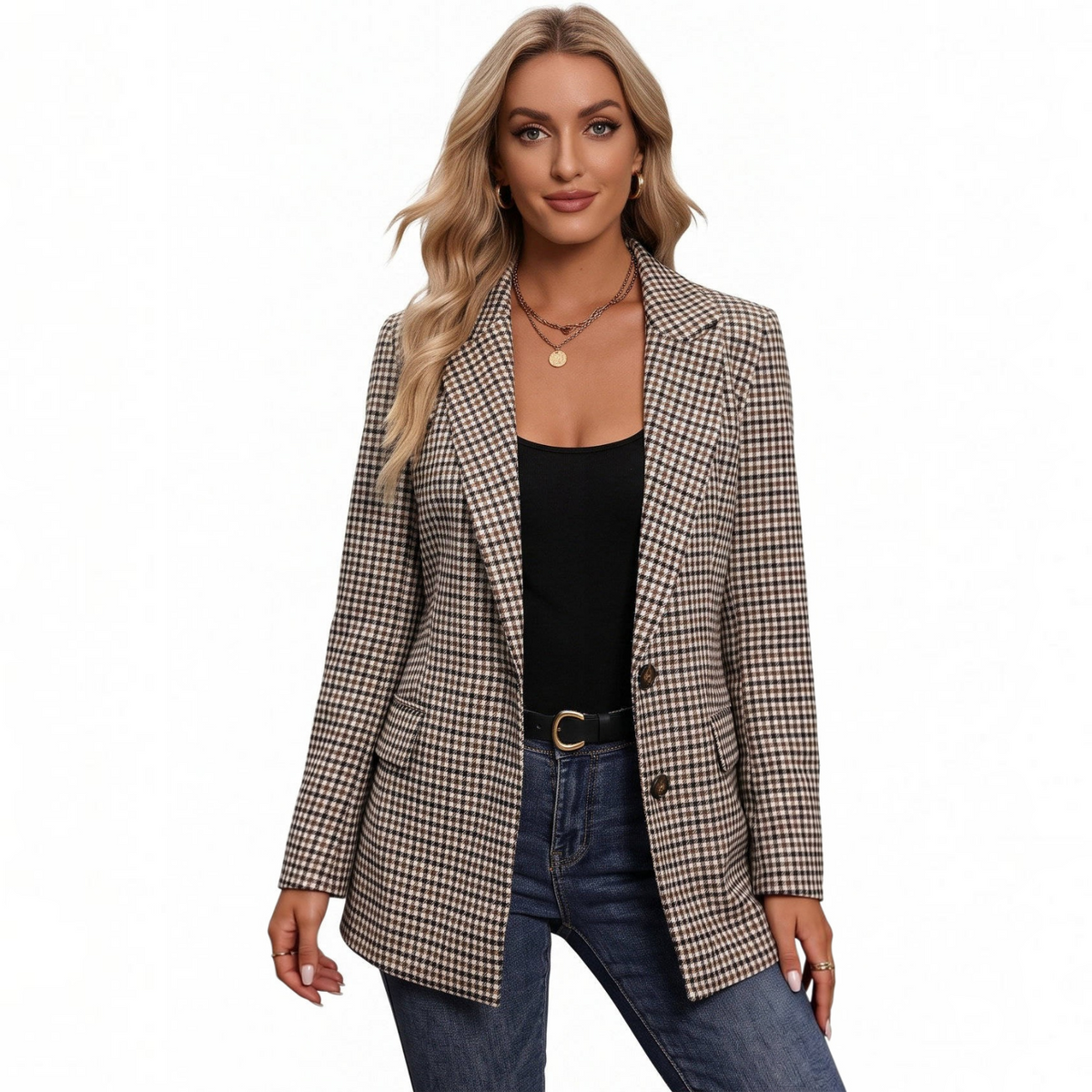 Women's Plaid Blazer – Houndstooth Business Casual Jacket for Fall