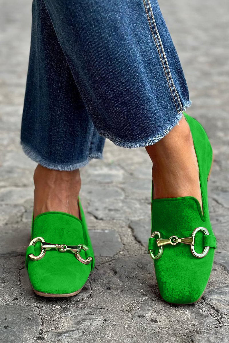 Women's Bright Suede Loafers – Metal Detail Slip-On Flats in Pink and Green