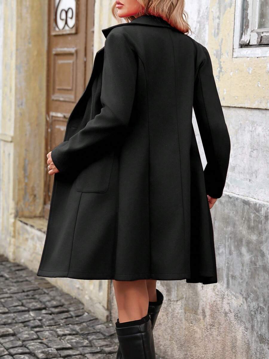Women's Double-Breasted Midi Coat – Notched Lapel Office Coat with Pockets