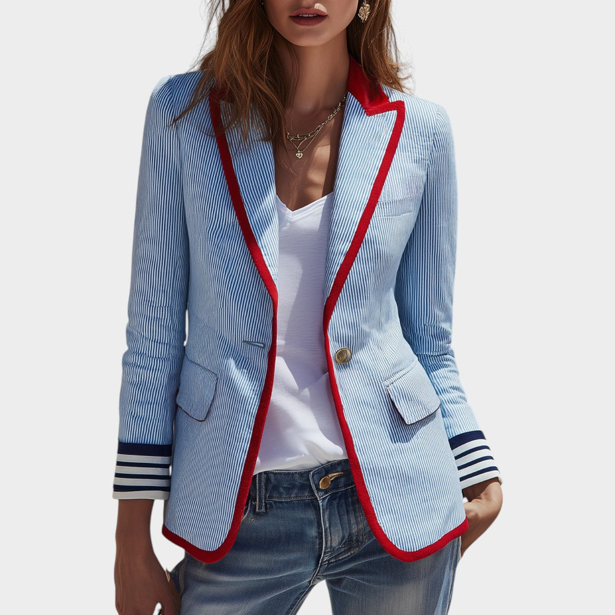 Nina | Women Pinstripe Contrast Trim Tailored Blazer