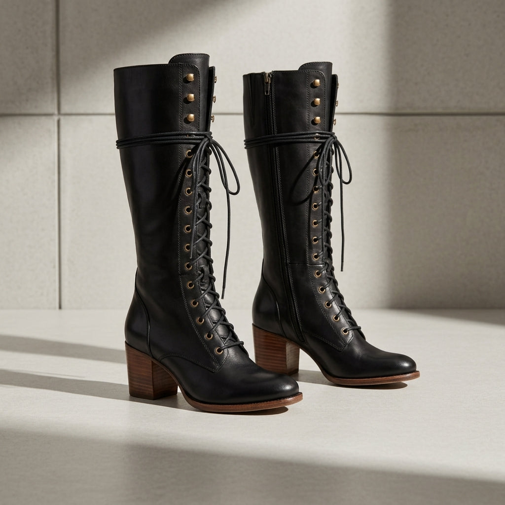 Women's Lace-Up Knee-High Boots – Leather-Look Stacked Heel Tall Boots