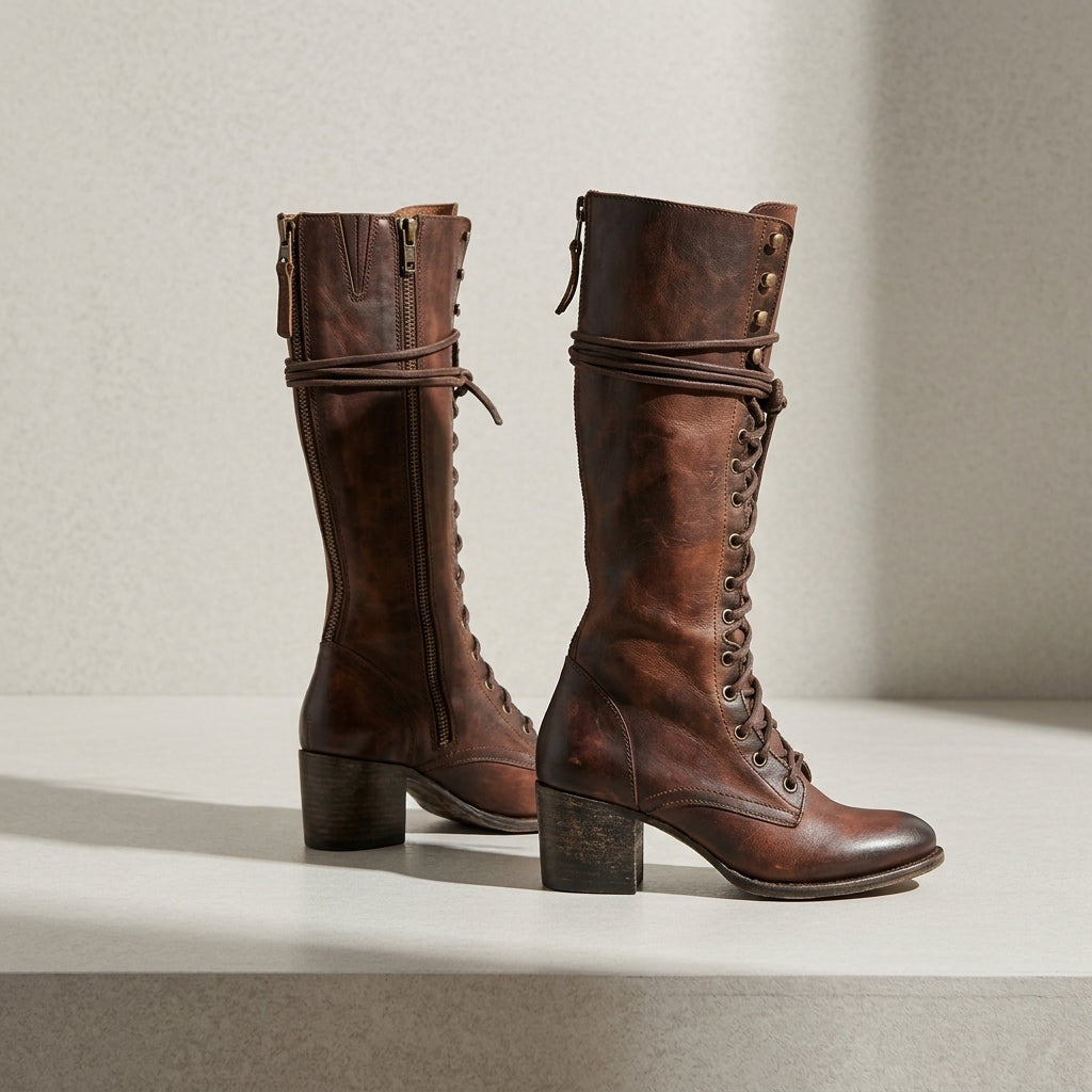 Women's Lace-Up Knee-High Boots – Leather-Look Stacked Heel Tall Boots
