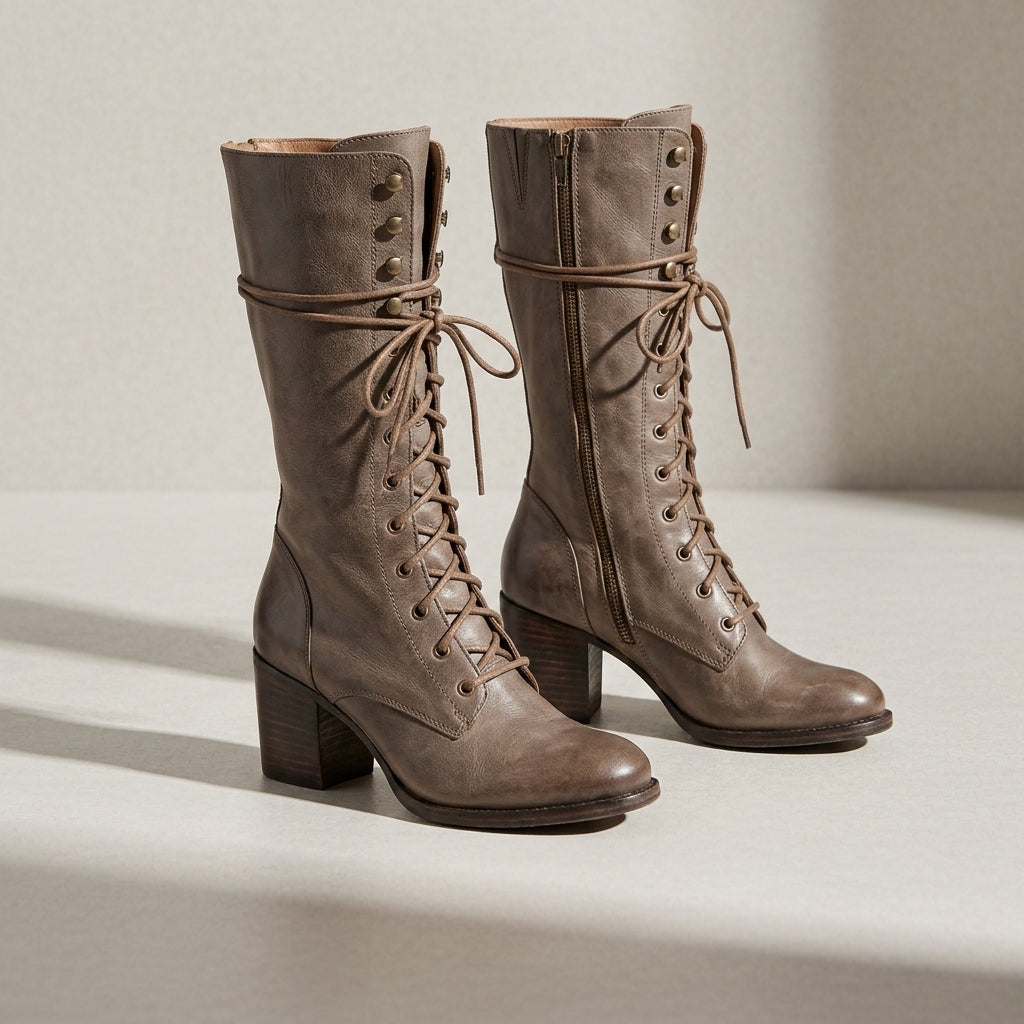 Women's Lace-Up Knee-High Boots – Leather-Look Stacked Heel Tall Boots