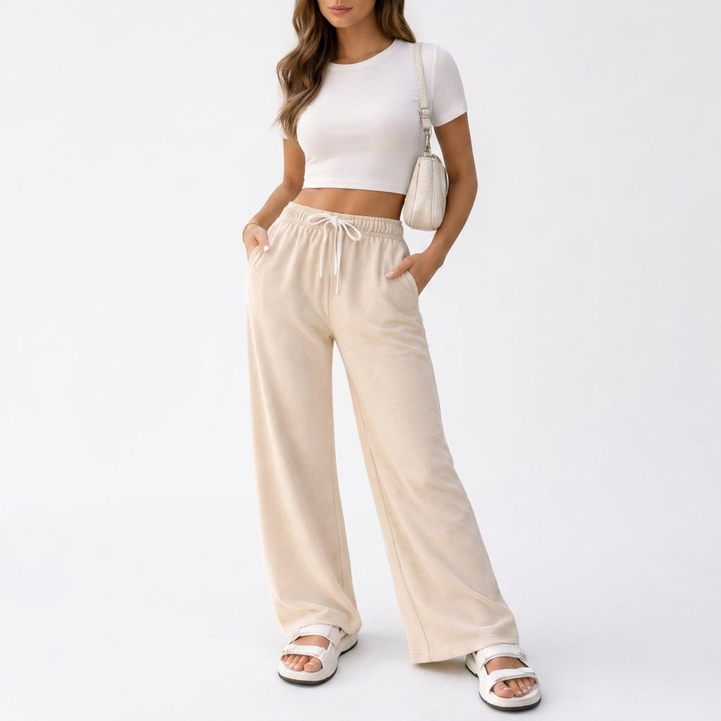 Wide Leg Lounge Trousers – Womens Casual Elastic Waist Drawstring Pants