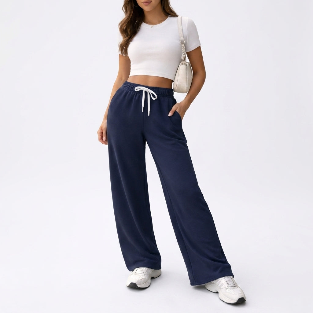 Wide Leg Lounge Trousers – Womens Casual Elastic Waist Drawstring Pants