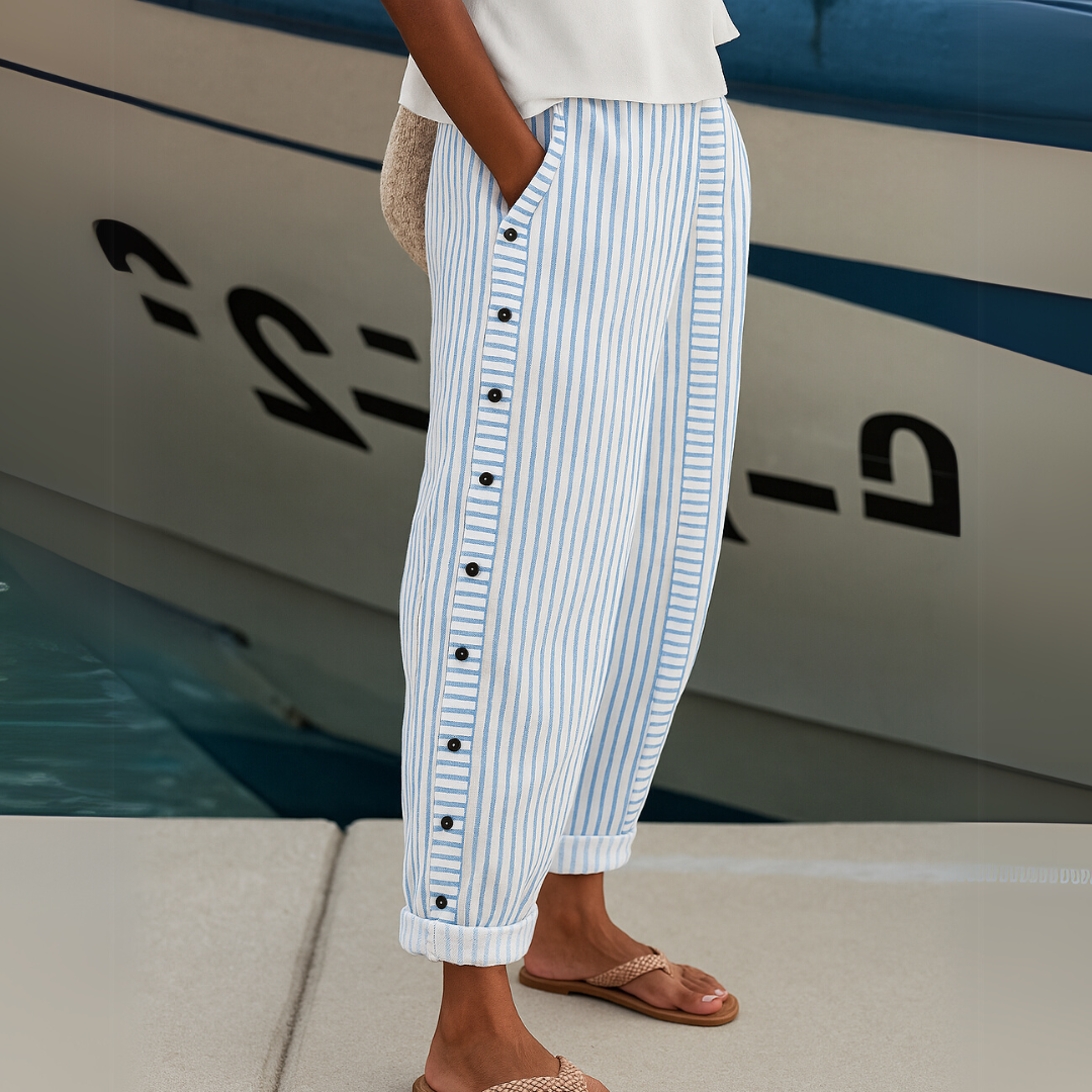 Women's High-Waisted Striped Pants – Tailored Trousers with Button Detail
