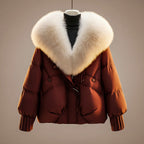 Women's Glossy Puffer Jacket with Faux Fur Collar – Oversized Drawstring Winter Coat