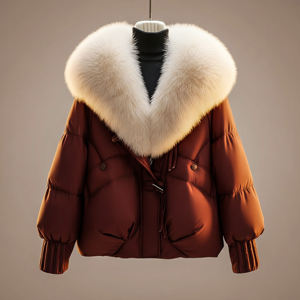 Women's Glossy Puffer Jacket with Faux Fur Collar – Oversized Drawstring Winter Coat