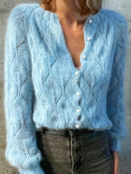 Women's Faux Mink Knit Cardigan – Pearl Button V-Neck Puff Shoulder Sweater