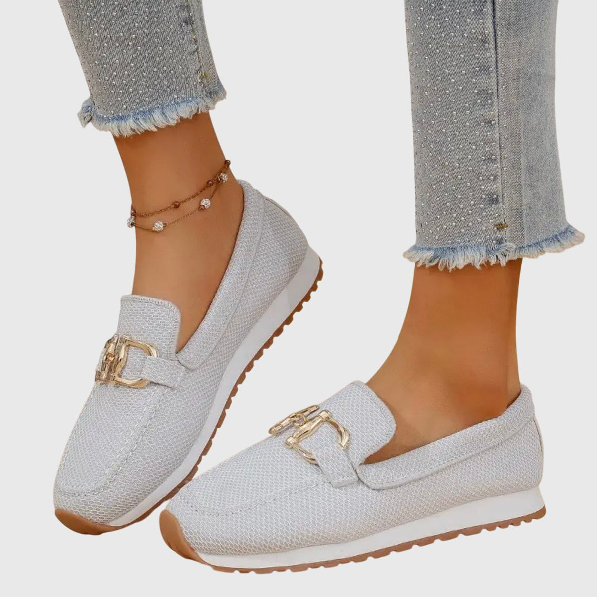 Women's Knit Mesh Loafer Sneakers – Slip-On Shoes with Gold-Tone Bit Buckle