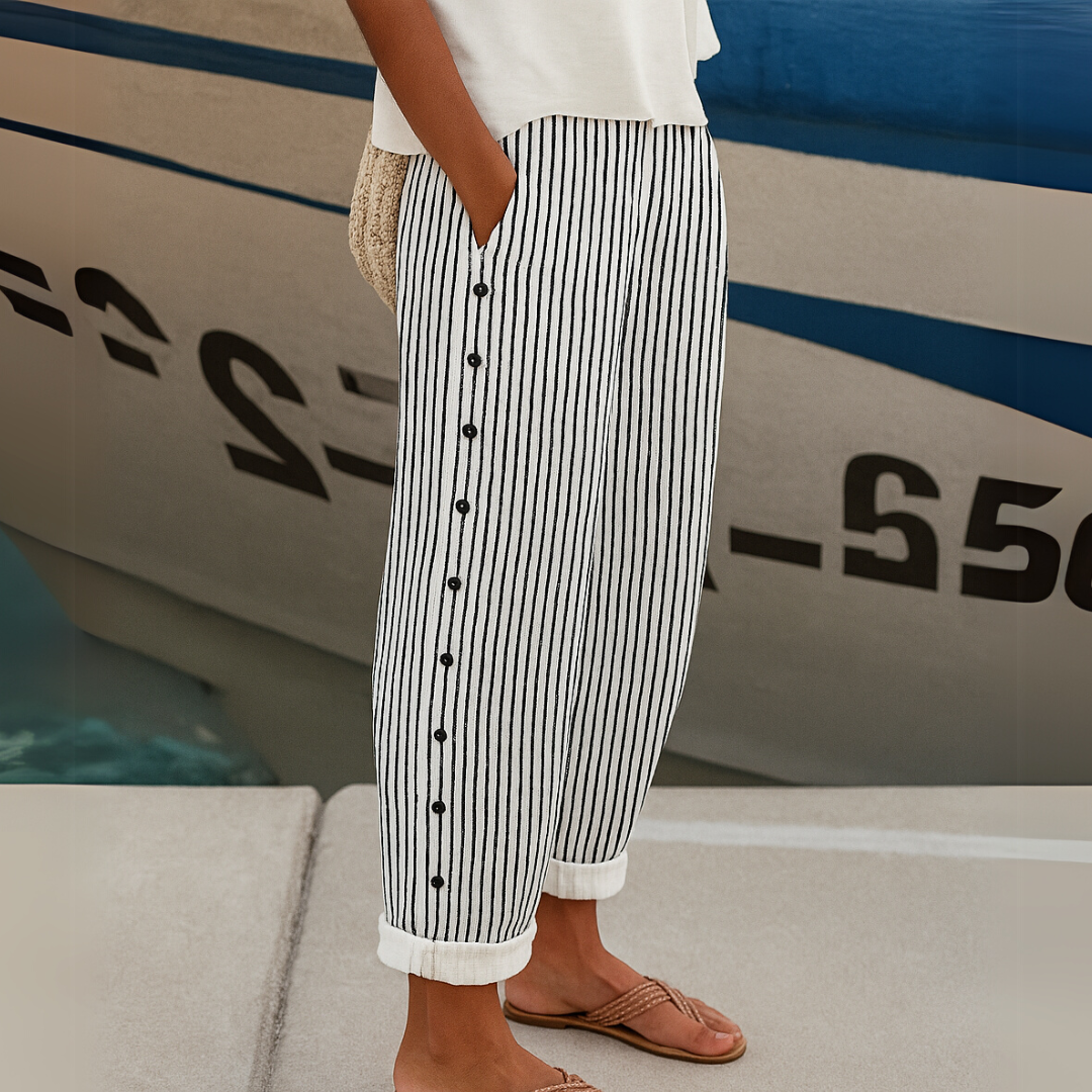 Women's High-Waisted Striped Pants – Tailored Trousers with Button Detail