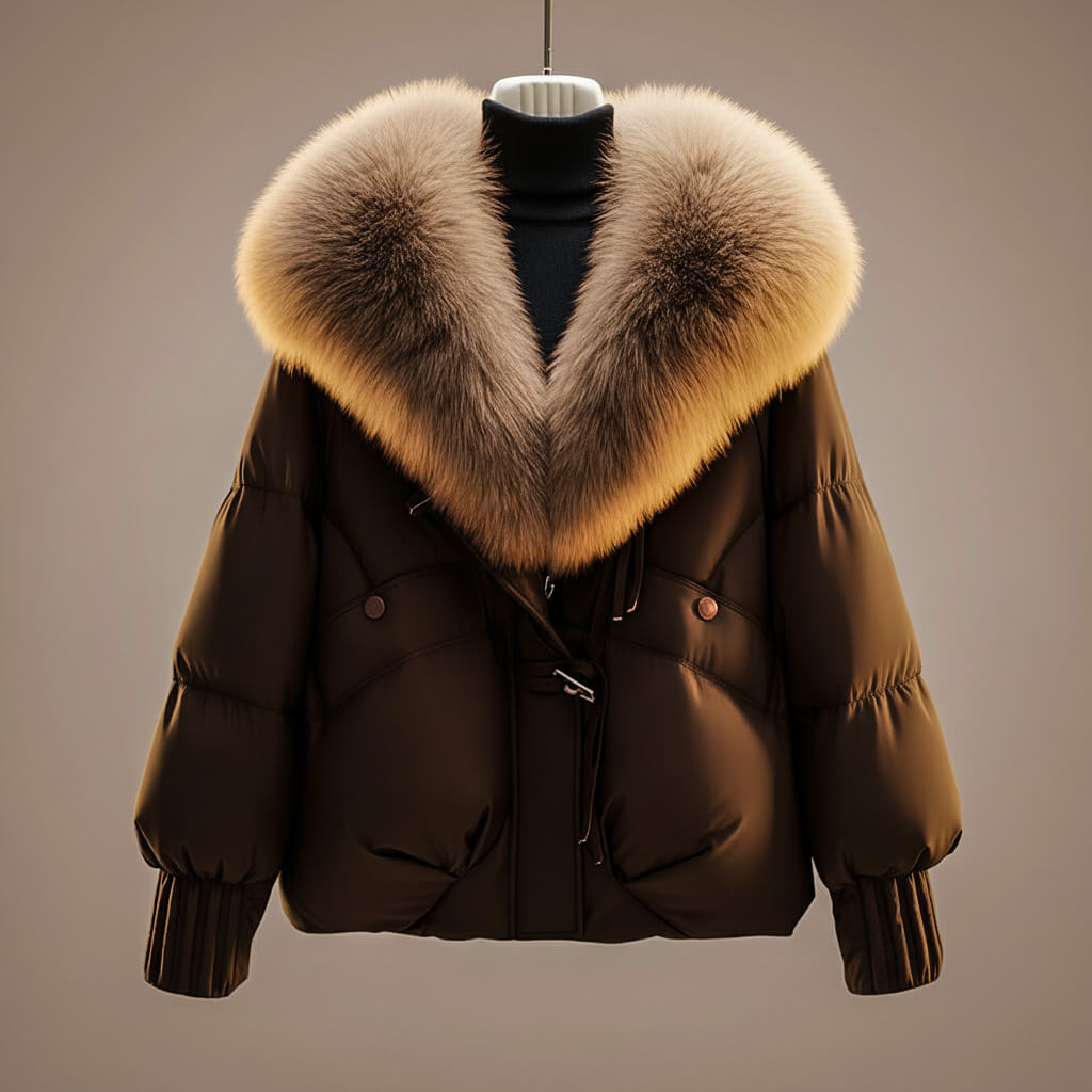 Women's Glossy Puffer Jacket with Faux Fur Collar – Oversized Drawstring Winter Coat
