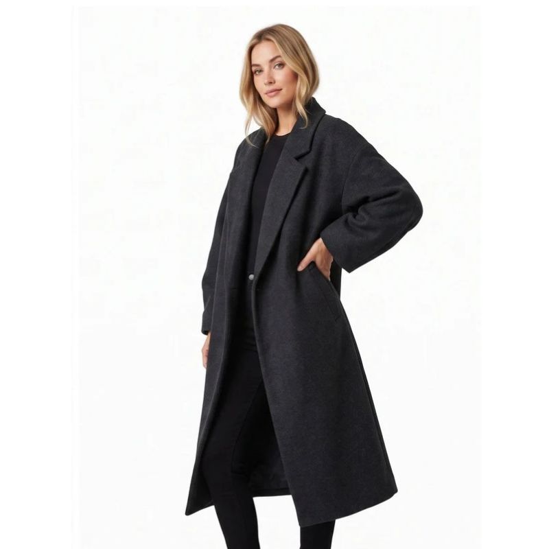 Women's Long Double-Breasted Coat – Drop Shoulder Notch Lapel Winter Coat