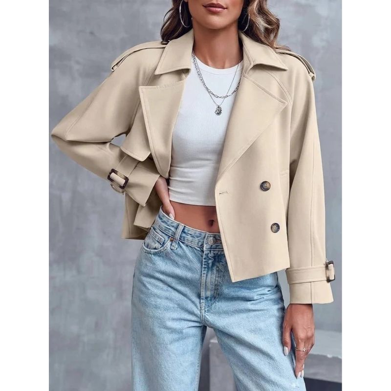 Women's Cropped Trench Coat – Double-Breasted Short Jacket with Notched Lapels