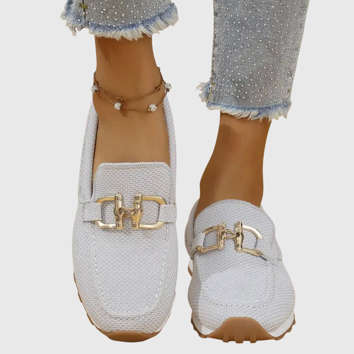 Women's Knit Mesh Loafer Sneakers – Slip-On Shoes with Gold-Tone Bit Buckle