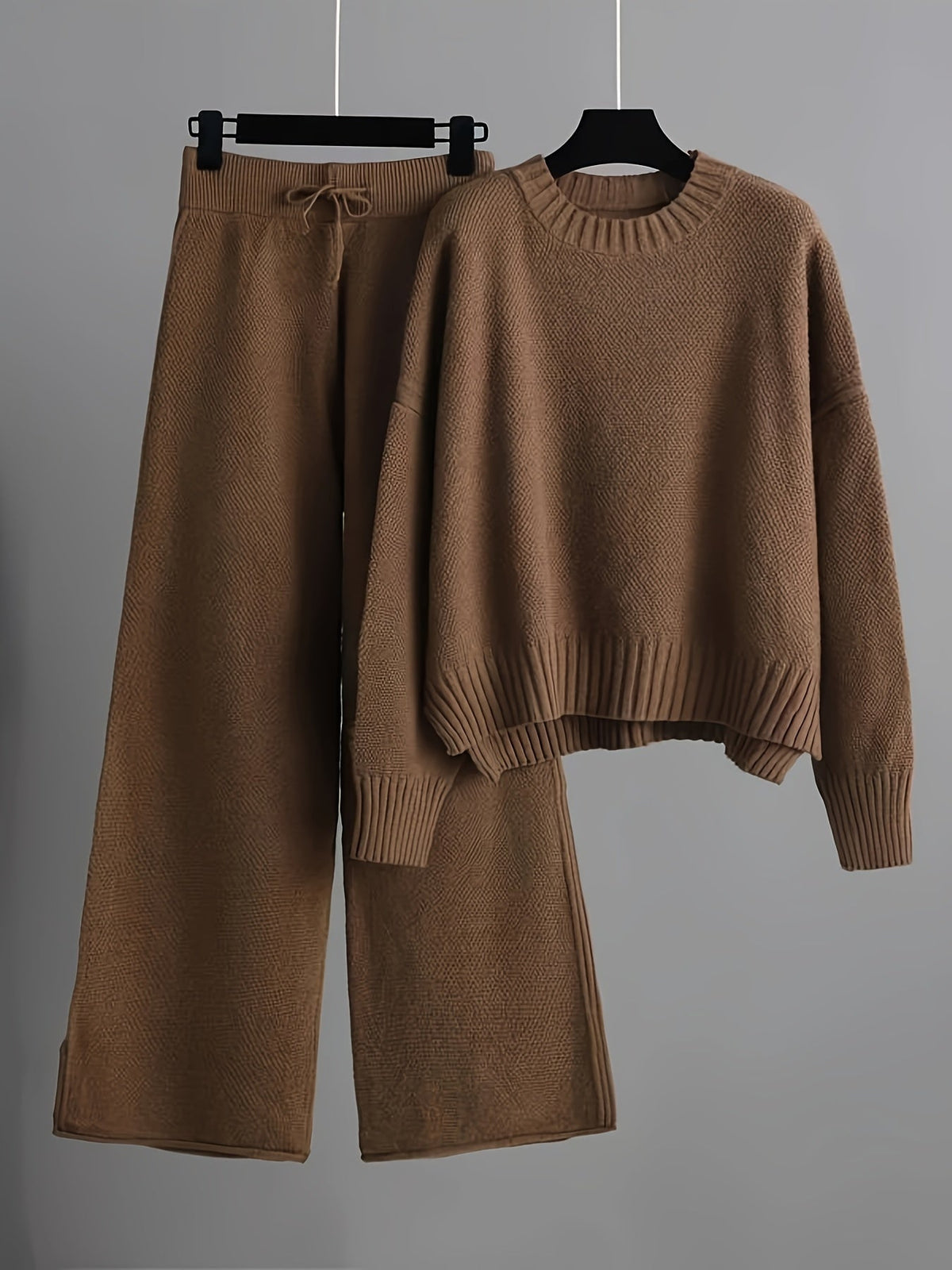 Women's Ribbed Knit Sweater and Wide-Leg Pants Set – Two-Piece Lounge Outfit