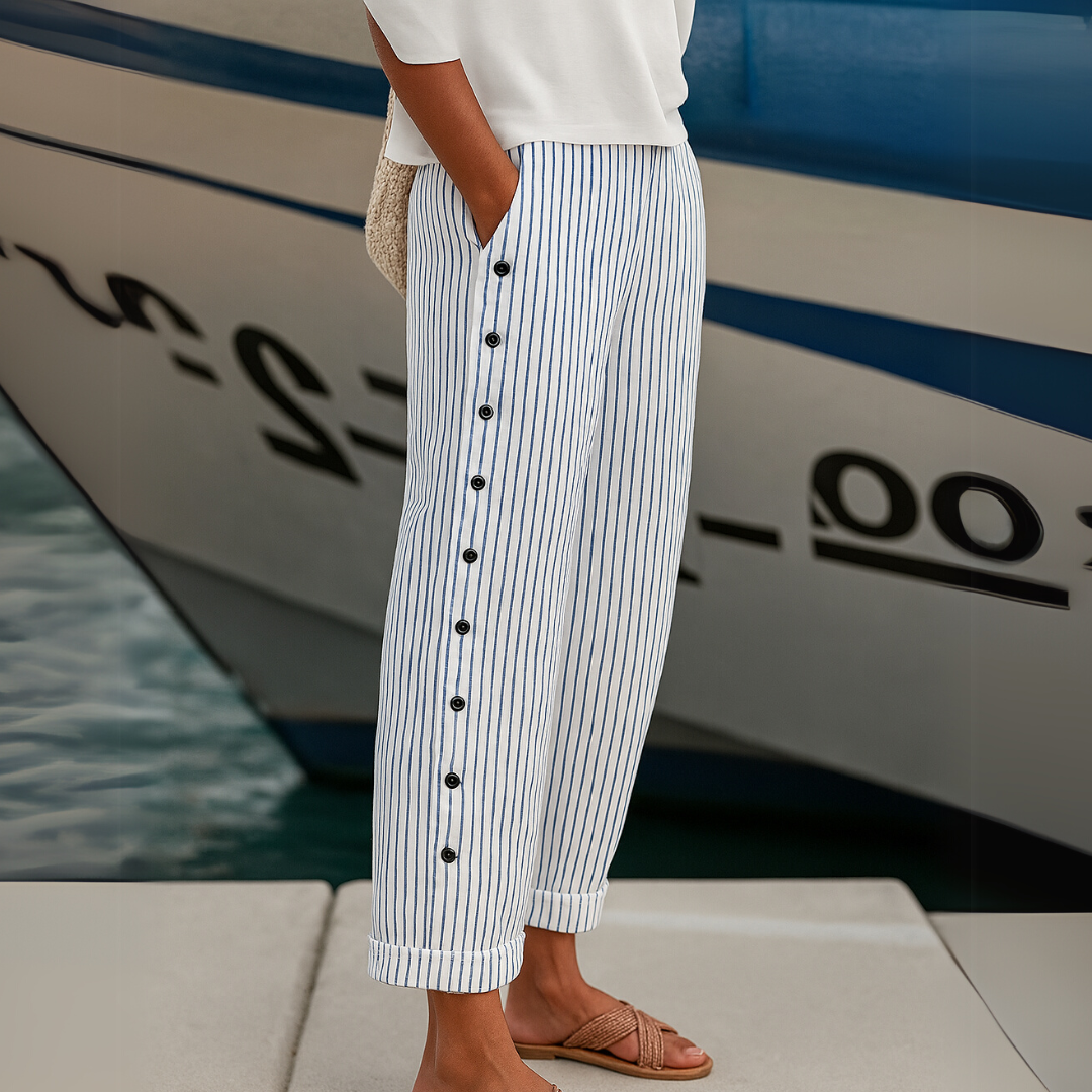 Women's High-Waisted Striped Pants – Tailored Trousers with Button Detail