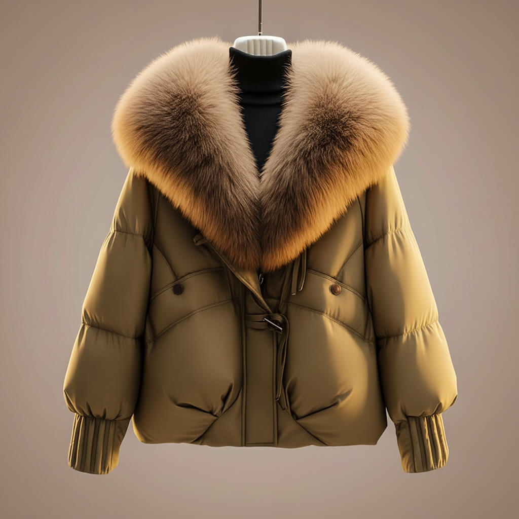 Women's Glossy Puffer Jacket with Faux Fur Collar – Oversized Drawstring Winter Coat