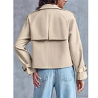 Women's Cropped Trench Coat – Double-Breasted Short Jacket with Notched Lapels