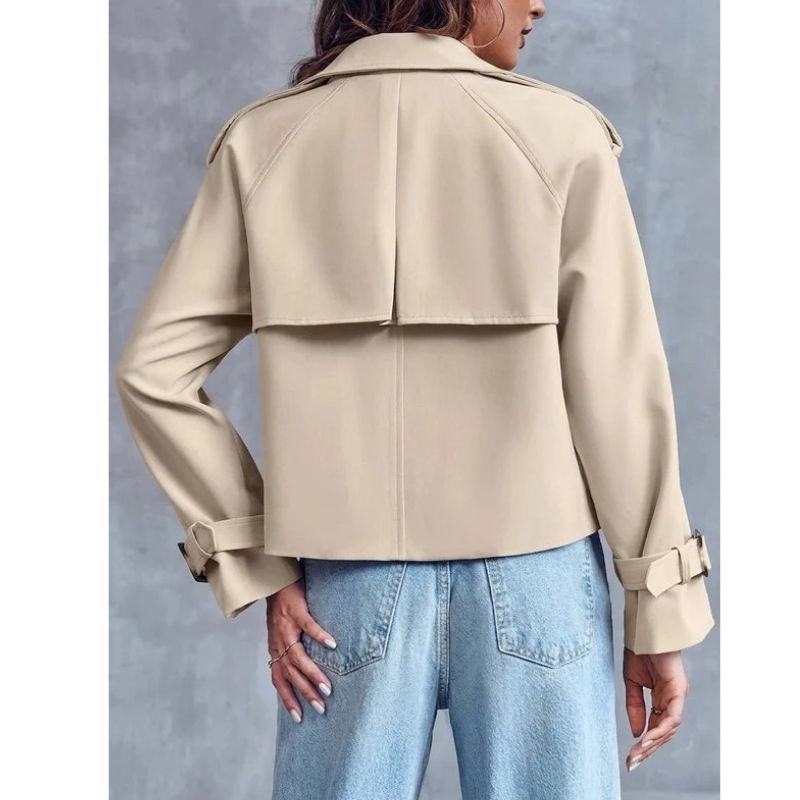 Women's Cropped Trench Coat – Double-Breasted Short Jacket with Notched Lapels