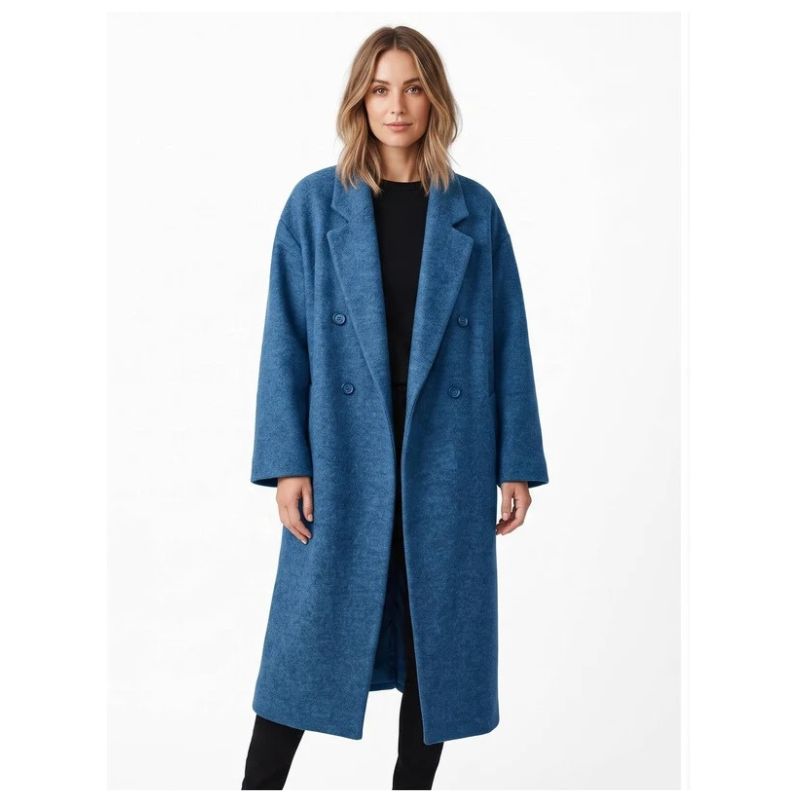 Women's Long Double-Breasted Coat – Drop Shoulder Notch Lapel Winter Coat