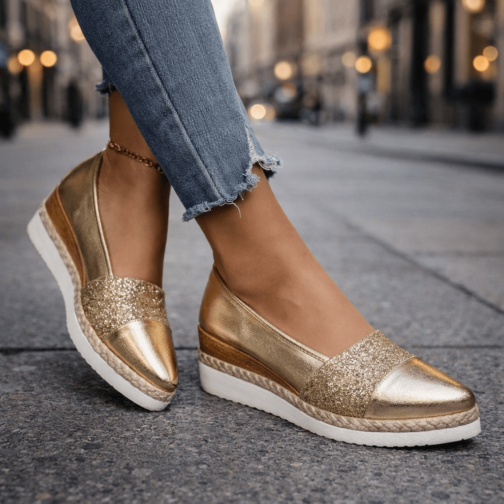 Women's Glitter Platform Wedge Shoes – Shimmering Slip-On Wedges