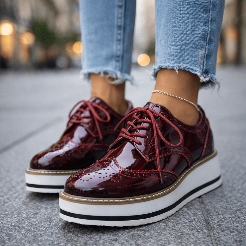 Women's Platform Brogue Shoes – Glossy Lace-Up Oxfords with Chunky Sole