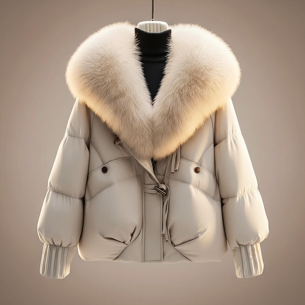 Women's Glossy Puffer Jacket with Faux Fur Collar – Oversized Drawstring Winter Coat