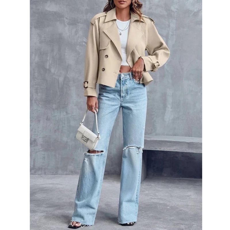 Women's Cropped Trench Coat – Double-Breasted Short Jacket with Notched Lapels