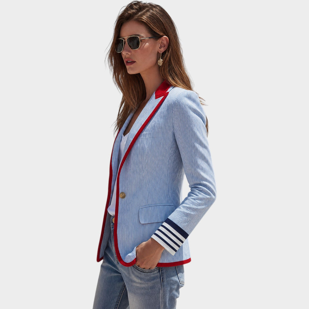 Nina | Women Pinstripe Contrast Trim Tailored Blazer