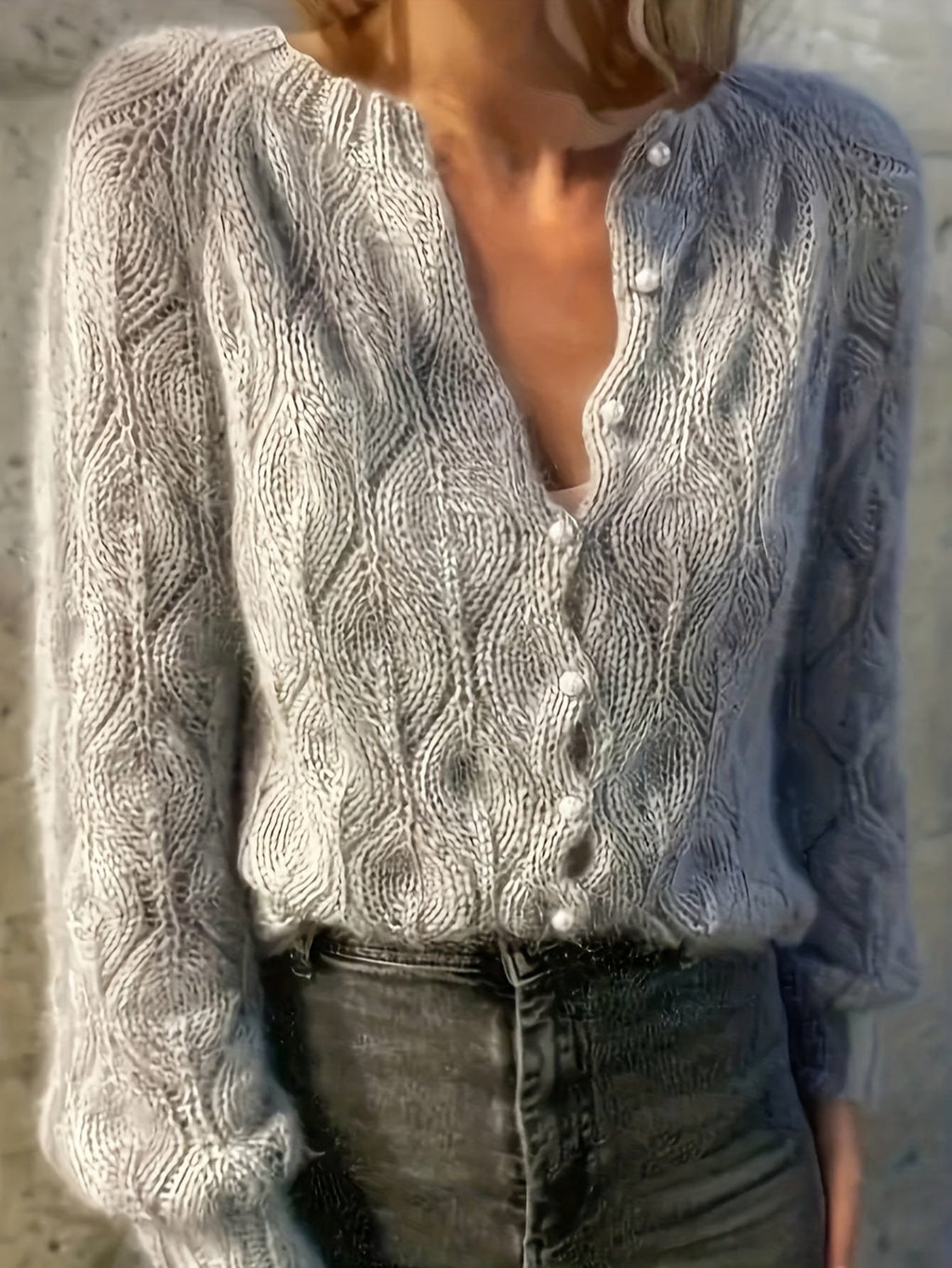 Women's Faux Mink Knit Cardigan – Pearl Button V-Neck Puff Shoulder Sweater