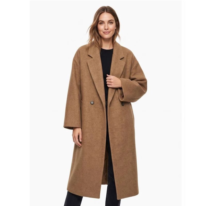 Women's Long Double-Breasted Coat – Drop Shoulder Notch Lapel Winter Coat