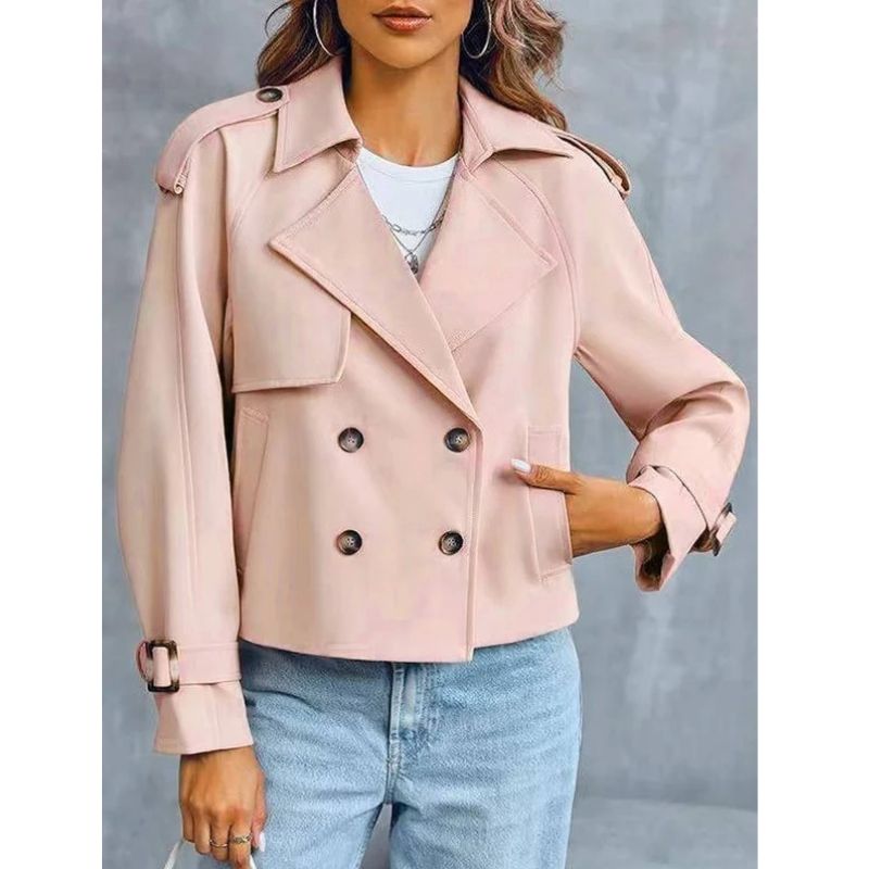 Women's Cropped Trench Coat – Double-Breasted Short Jacket with Notched Lapels