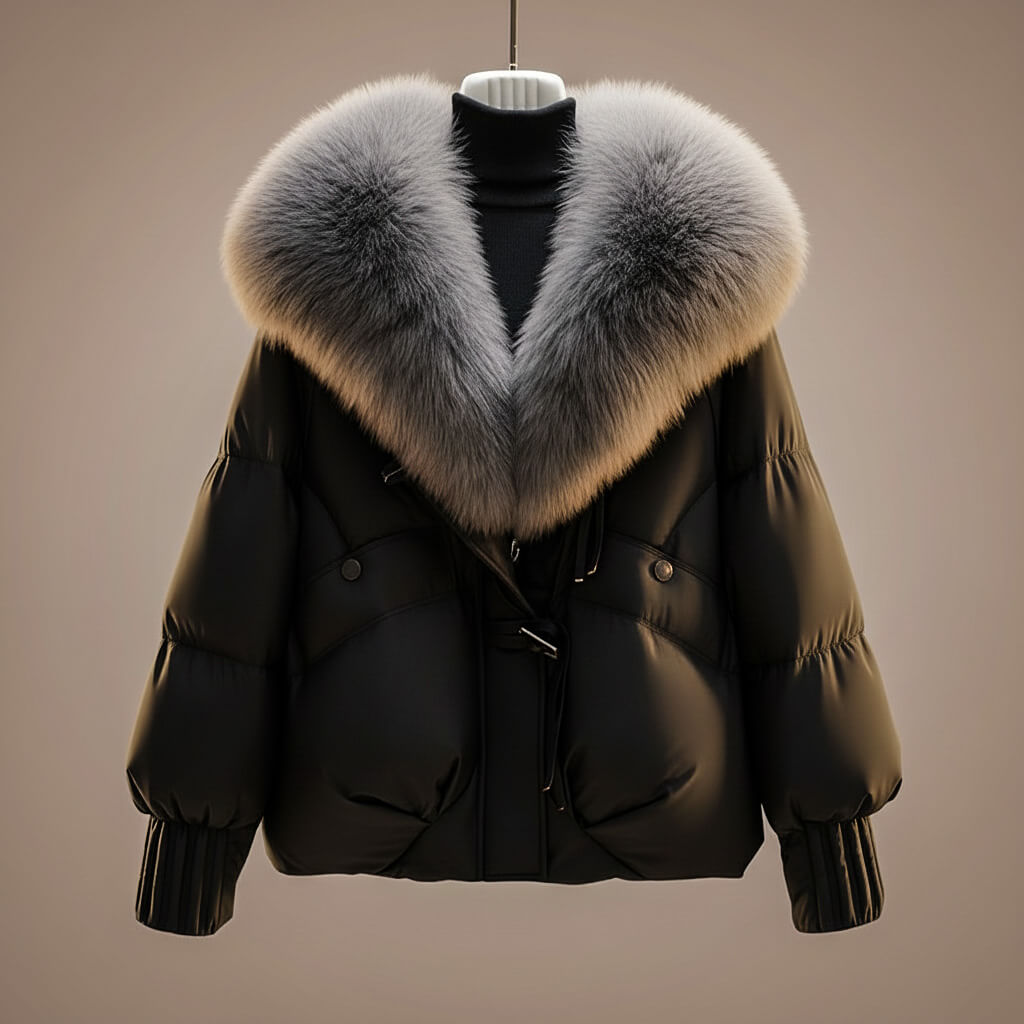 Women's Glossy Puffer Jacket with Faux Fur Collar – Oversized Drawstring Winter Coat