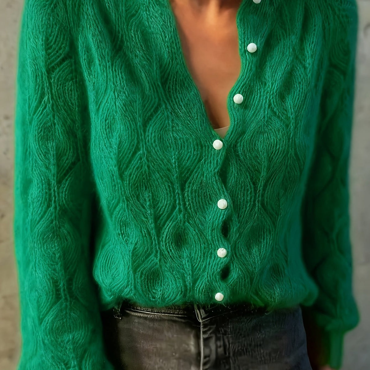 Women's Faux Mink Knit Cardigan – Pearl Button V-Neck Puff Shoulder Sweater