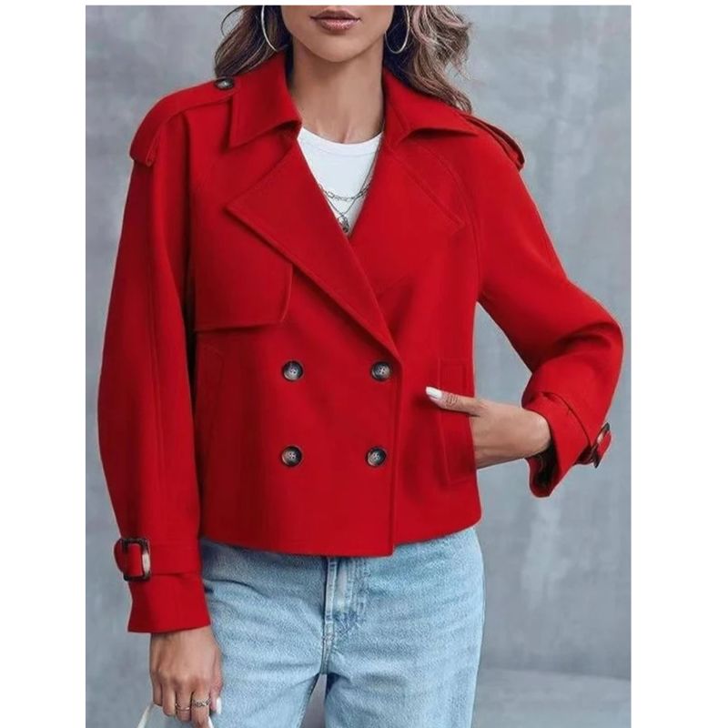 Women's Cropped Trench Coat – Double-Breasted Short Jacket with Notched Lapels