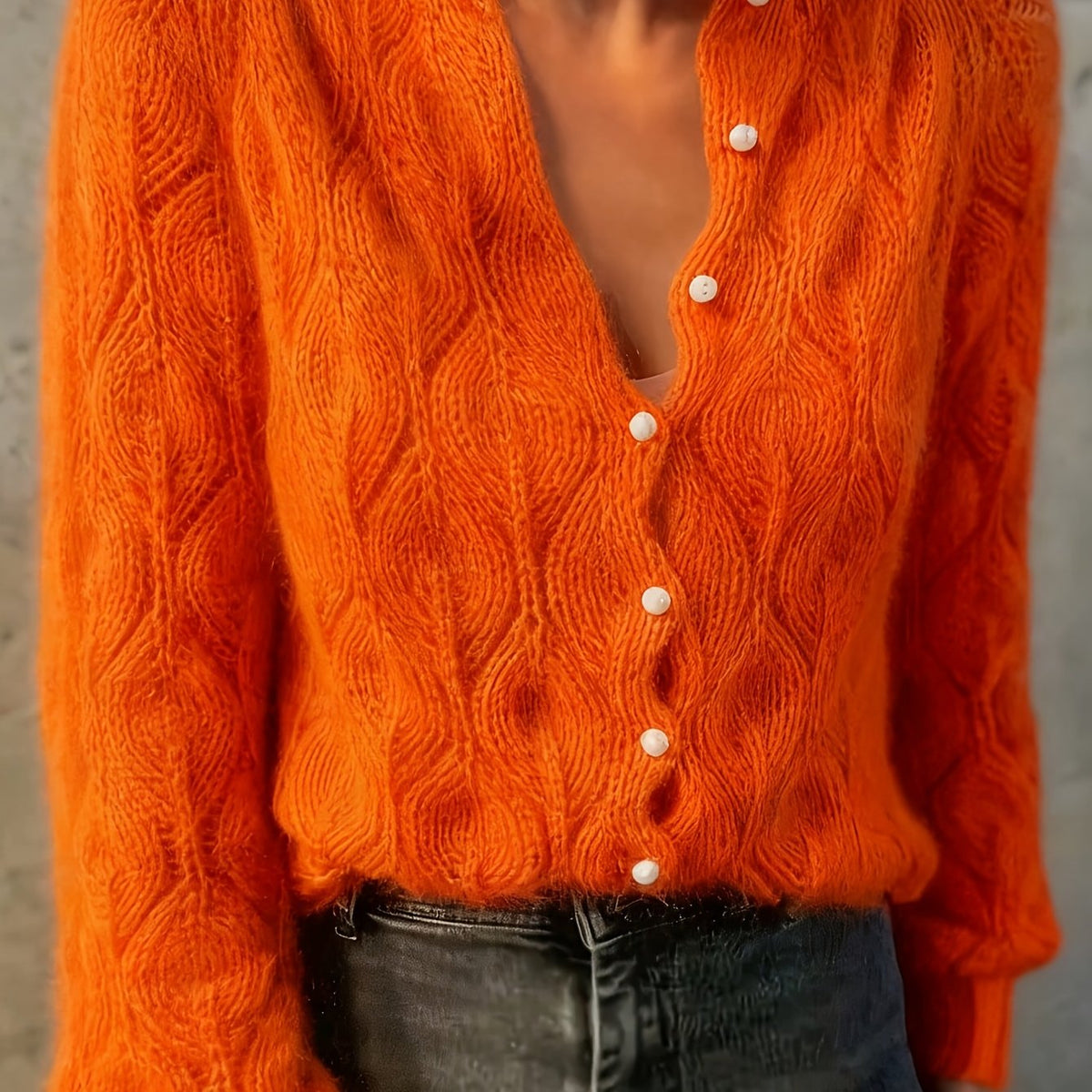 Women's Faux Mink Knit Cardigan – Pearl Button V-Neck Puff Shoulder Sweater