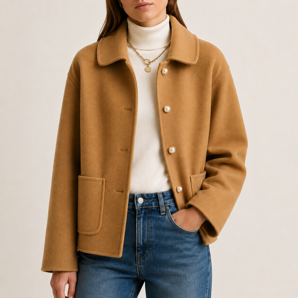 Women's Cropped Button-Front Coat – Rounded Collar Single-Breasted Jacket