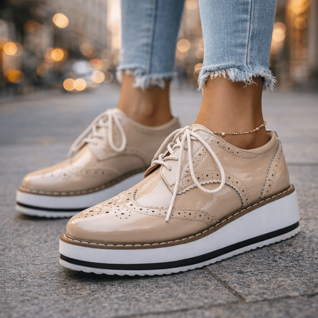 Women's Platform Brogue Shoes – Glossy Lace-Up Oxfords with Chunky Sole