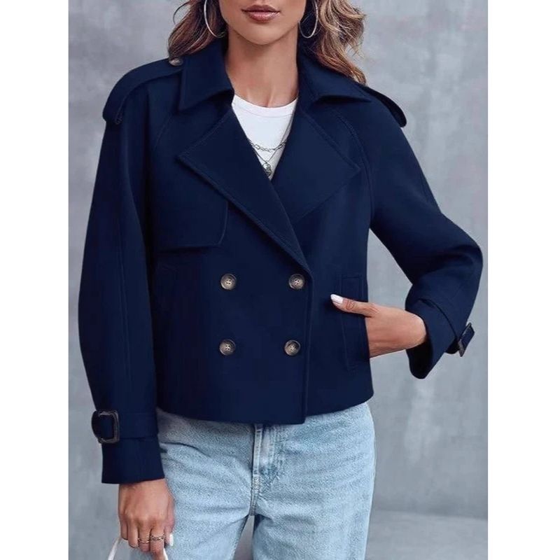 Women's Cropped Trench Coat – Double-Breasted Short Jacket with Notched Lapels