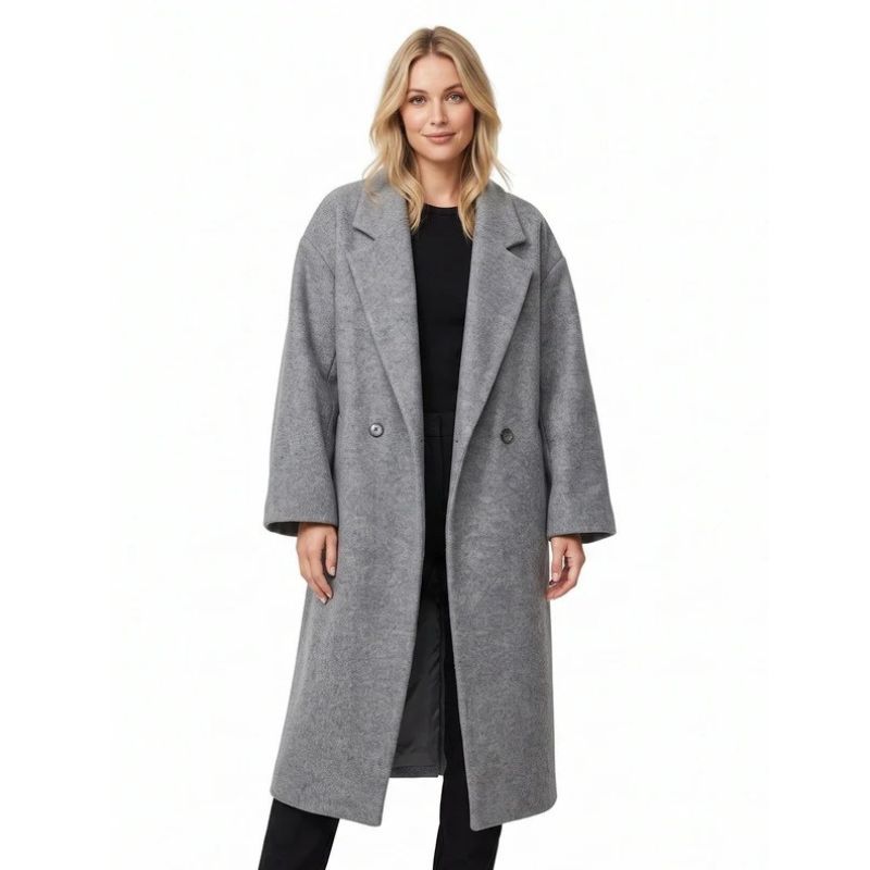 Women's Long Double-Breasted Coat – Drop Shoulder Notch Lapel Winter Coat
