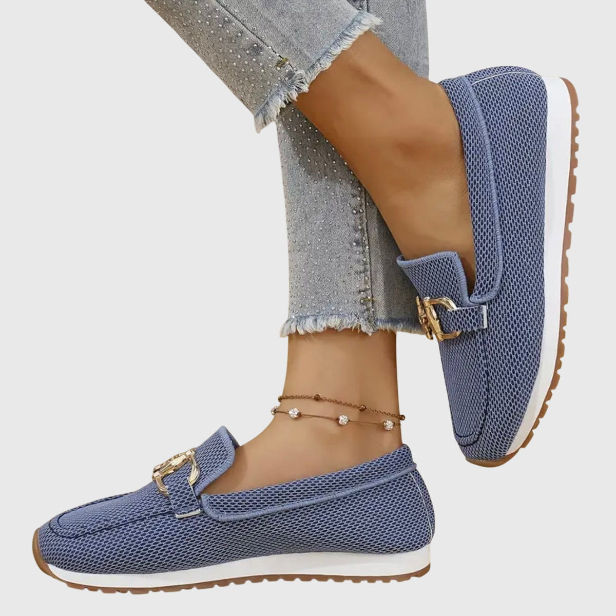 Women's Knit Mesh Loafer Sneakers – Slip-On Shoes with Gold-Tone Bit Buckle