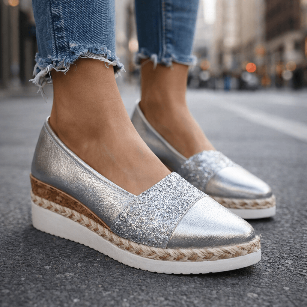Women's Glitter Platform Wedge Shoes – Shimmering Slip-On Wedges