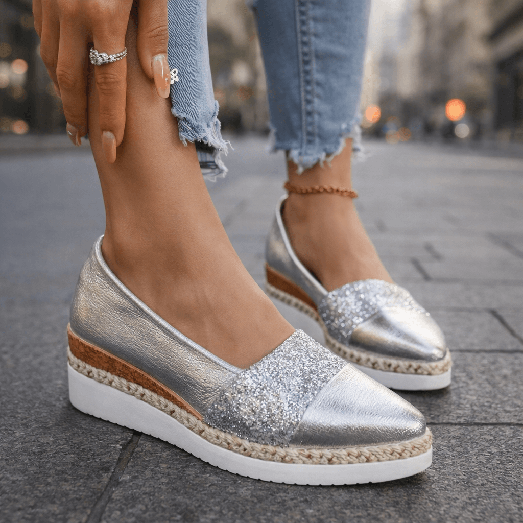 Women's Glitter Platform Wedge Shoes – Shimmering Slip-On Wedges