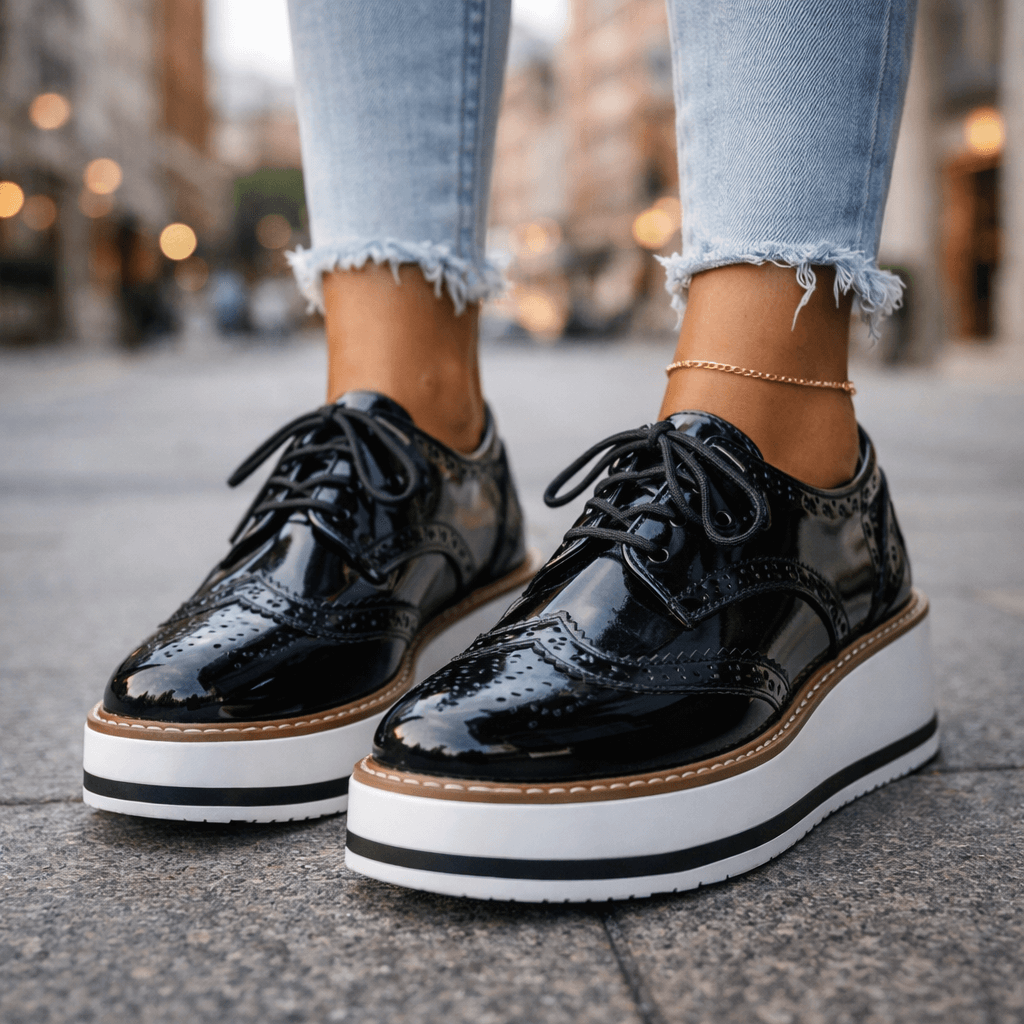 Women's Platform Brogue Shoes – Glossy Lace-Up Oxfords with Chunky Sole