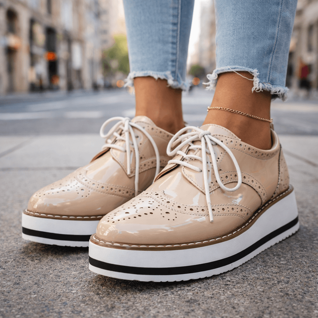 Women's Platform Brogue Shoes – Glossy Lace-Up Oxfords with Chunky Sole