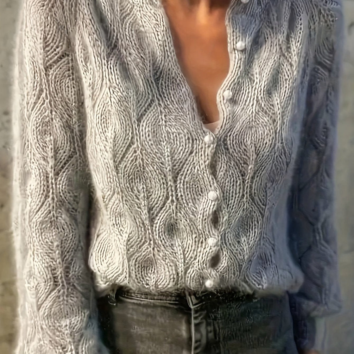 Women's Faux Mink Knit Cardigan – Pearl Button V-Neck Puff Shoulder Sweater